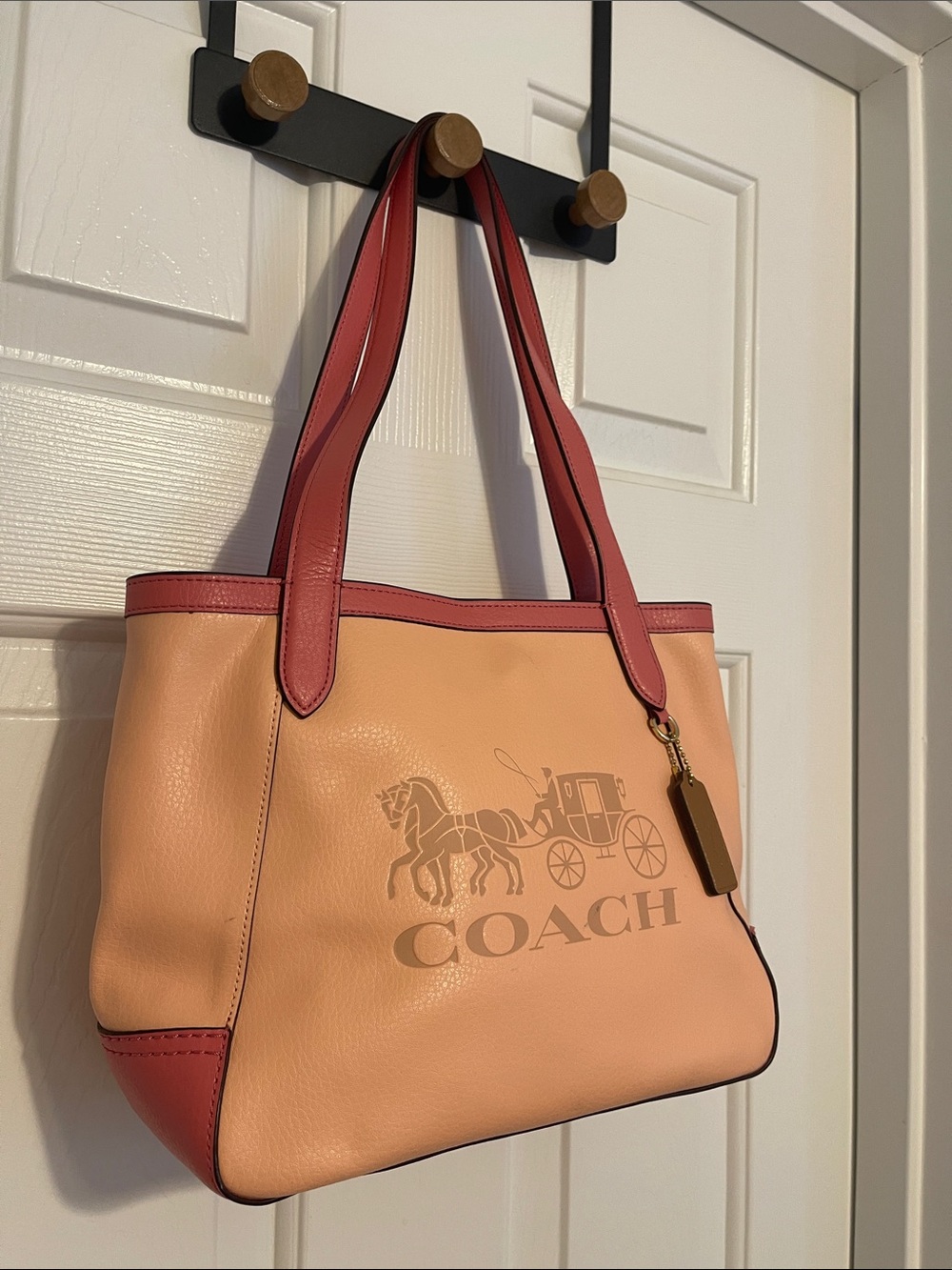 Coach Peach Tote with Coral Trim and Logo